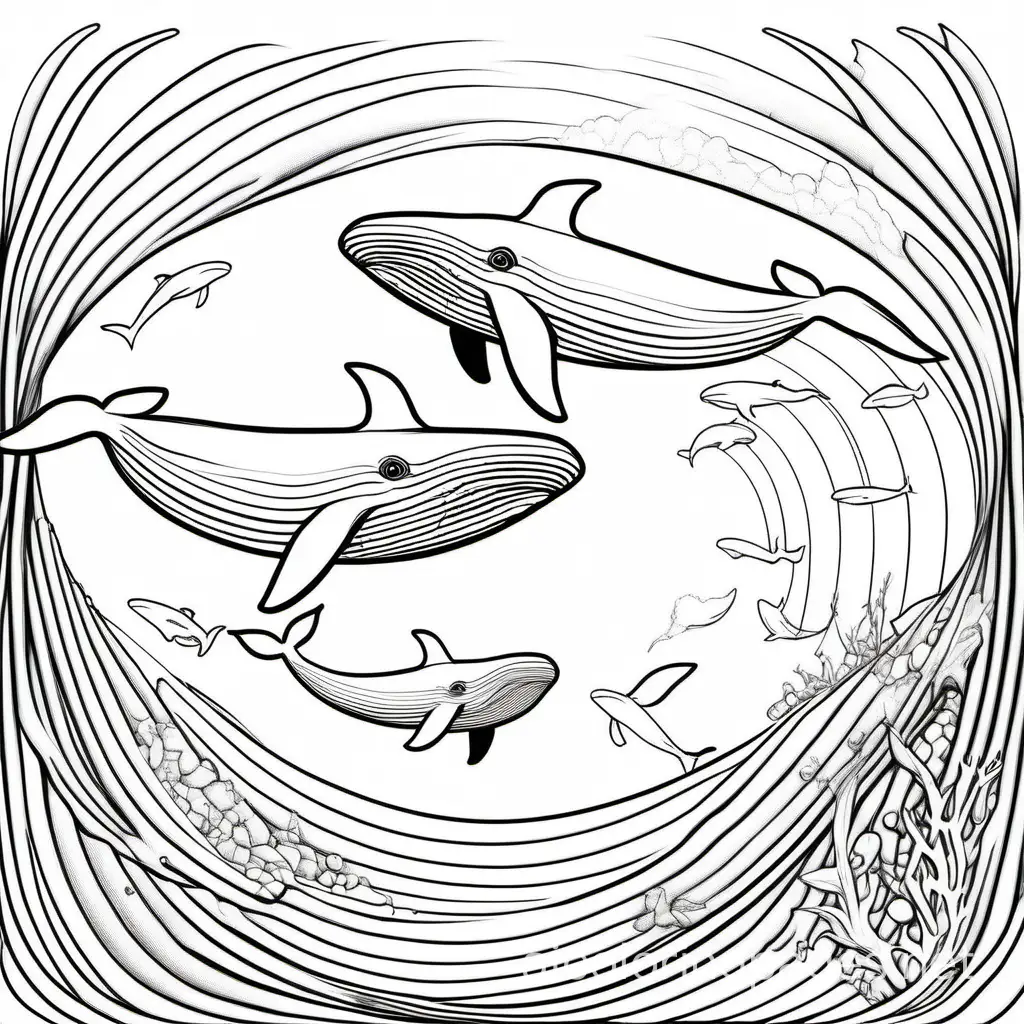 the silver whales, Coloring Page, black and white, line art, white background, Simplicity, Ample White Space. The background of the coloring page is plain white to make it easy for young children to color within the lines. The outlines of all the subjects are easy to distinguish, making it simple for kids to color without too much difficulty