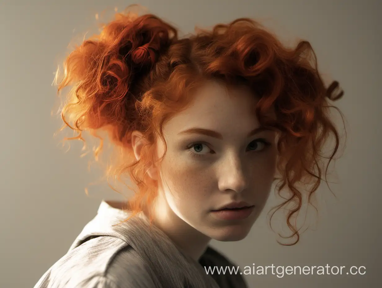 девушка 24 лет, кудрявые рыжие волосы собранные в пучок, янтарные 
глаз 