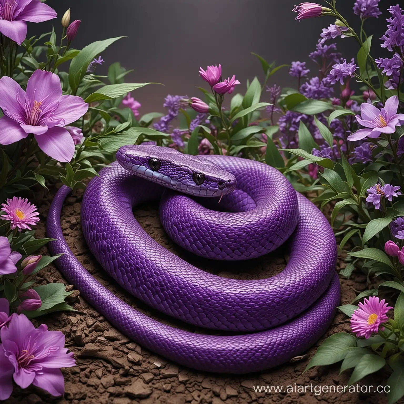 Красивая фиолетовая змея, цветы, зелень
