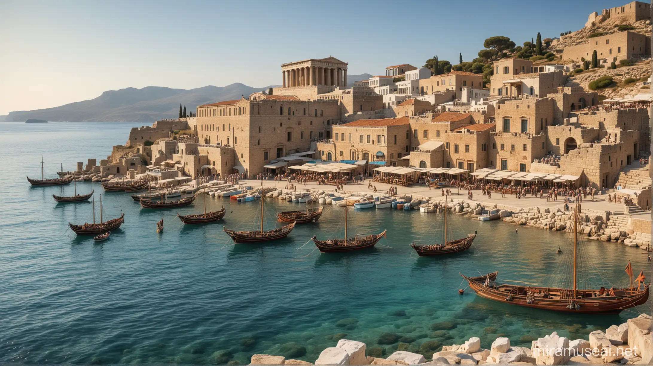 Ancient Greek trading port town busy with ships and people seen from the sea