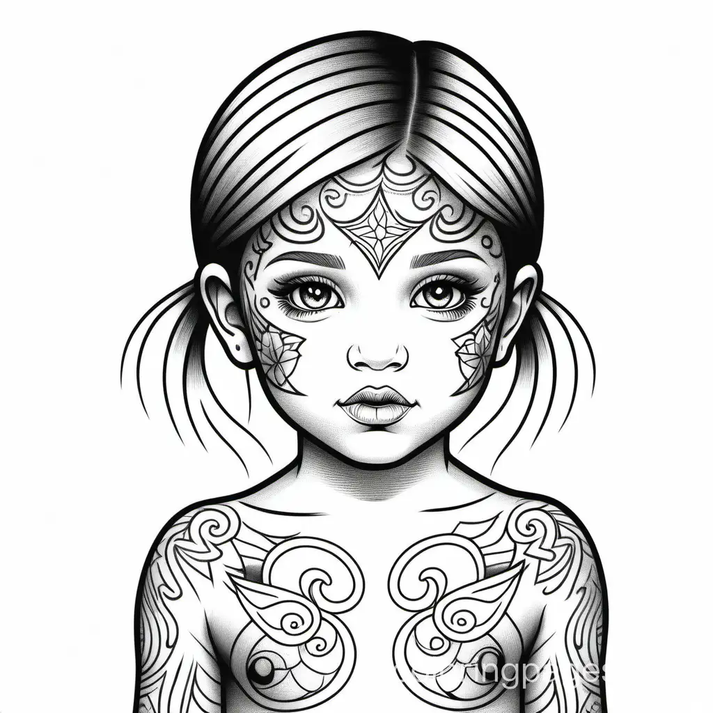 little girl with tattoos on her body, Coloring Page, black and white, line art, white background, Simplicity, Ample White Space. The background of the coloring page is plain white to make it easy for young children to color within the lines. The outlines of all the subjects are easy to distinguish, making it simple for kids to color without too much difficulty