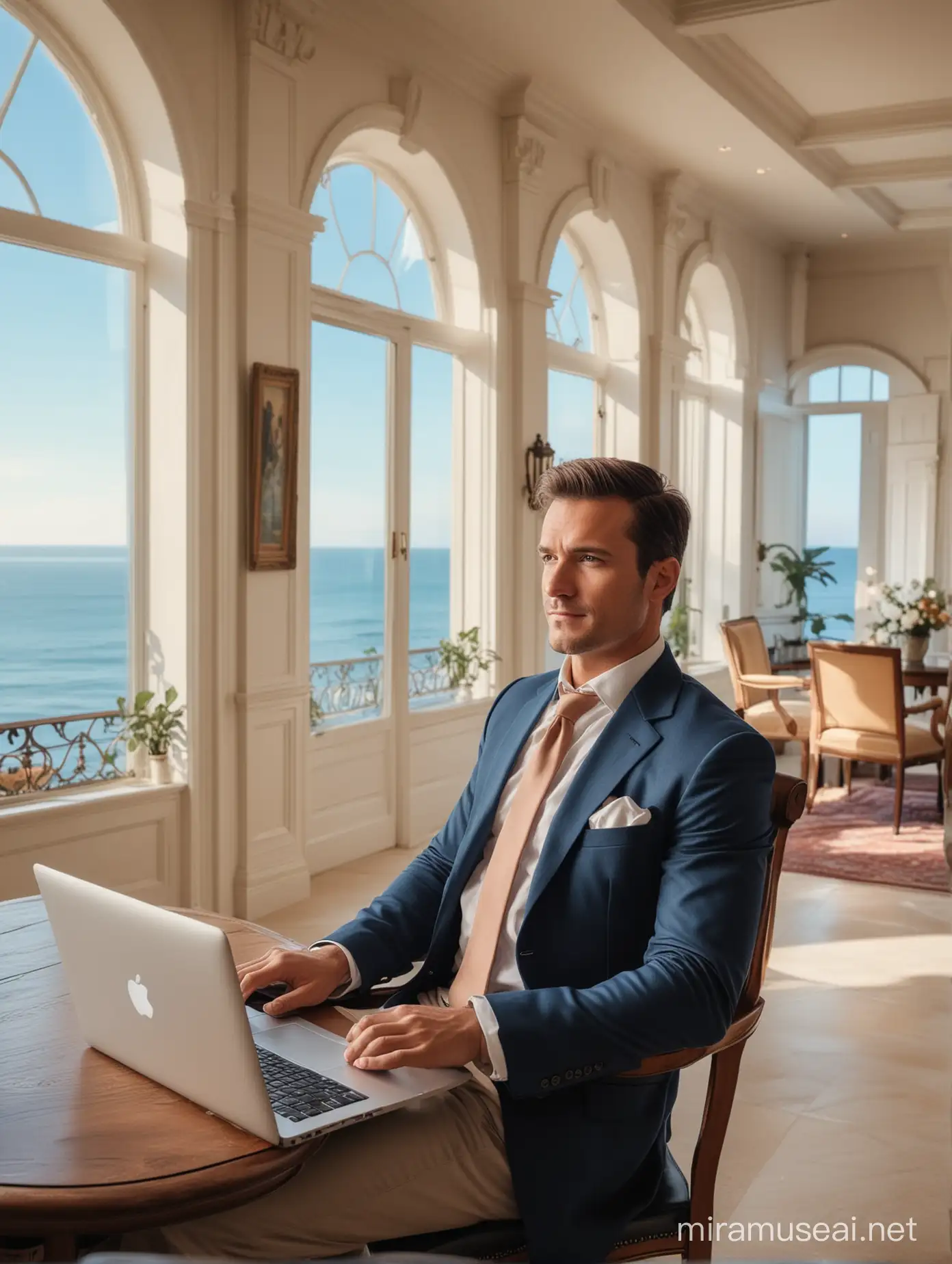 American Entrepreneur Analyzing Sales Data in Coastal Mansion