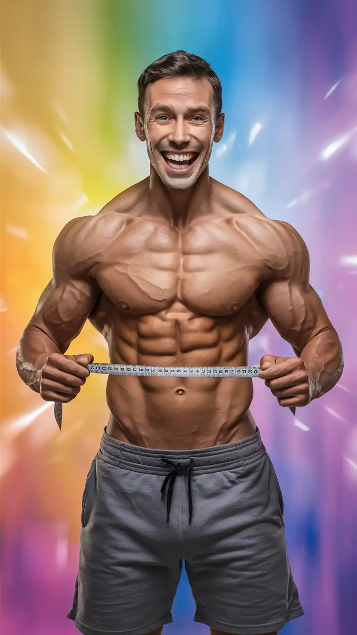 A man holding a measuring tape around his waist he is very fit and muscular in a very happy state. 