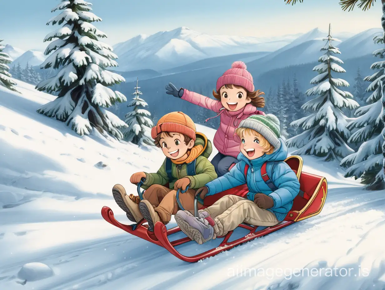 Two children, a girl and a boy, with happy smiles on their faces, are gliding down the snowy mountainside with a sled, with snowy fir trees visible behind them.