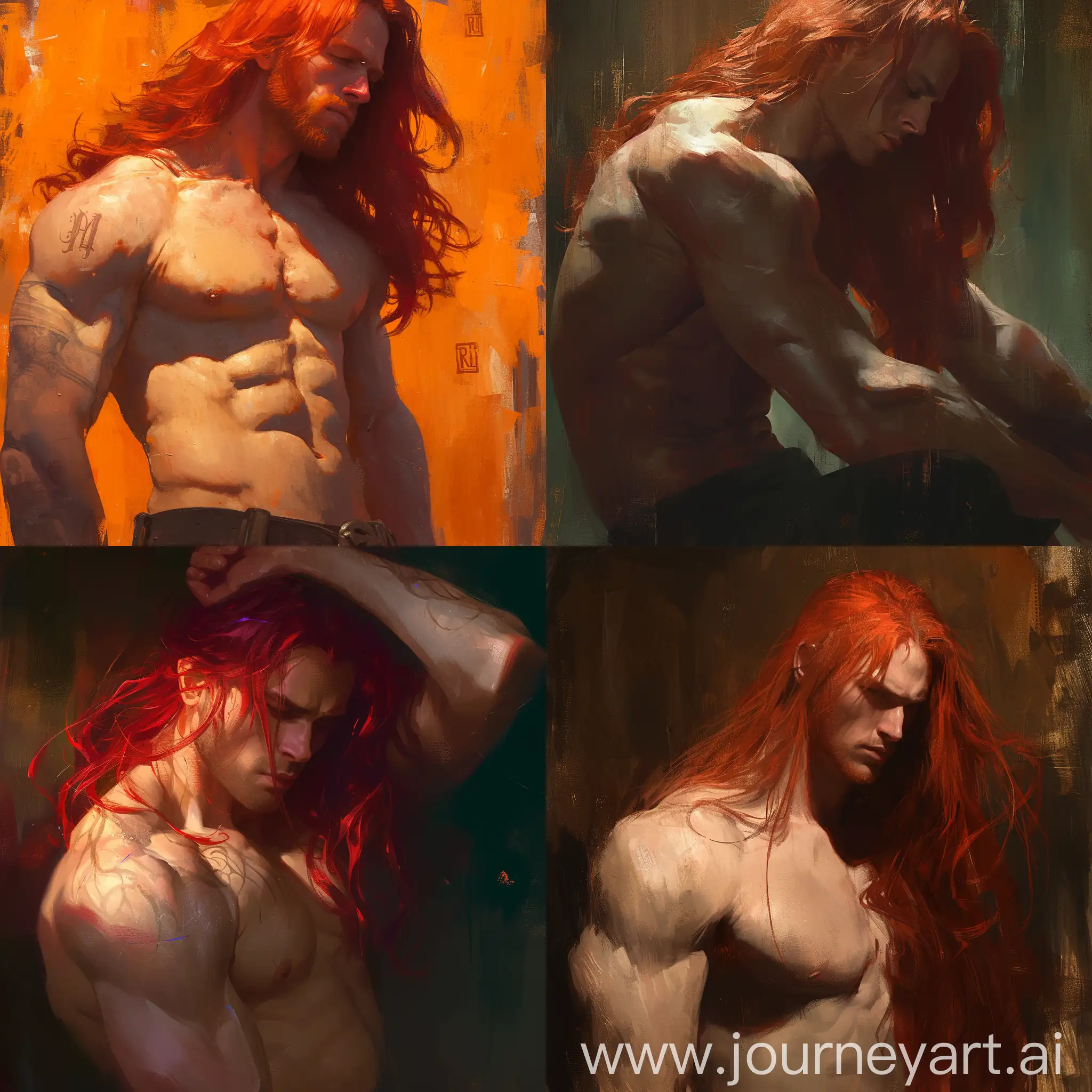 perfect detail, detailed, high contrast, very delicate brushwork, volumetric lighting, oil painting, red long haired shirtless man, fantasy, digital art --niji 6 