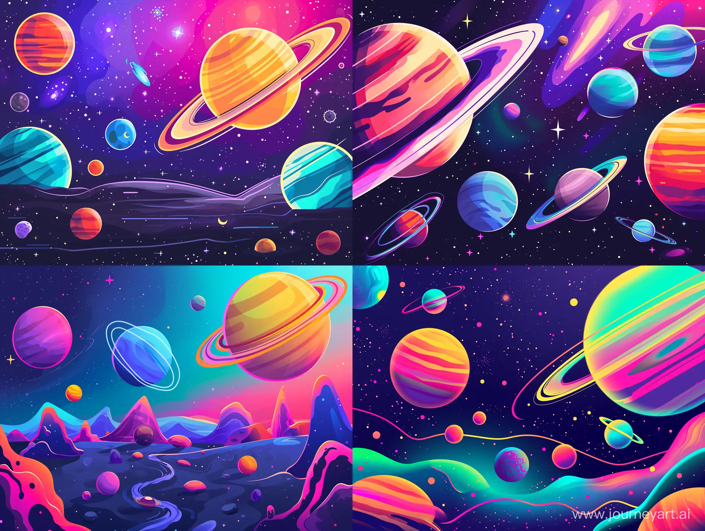 landscape of space containing at least Saturn,Jupiter,Uranus and Neptune and some other spacial thing in between. Flat style illustration with vivid bright neon colors