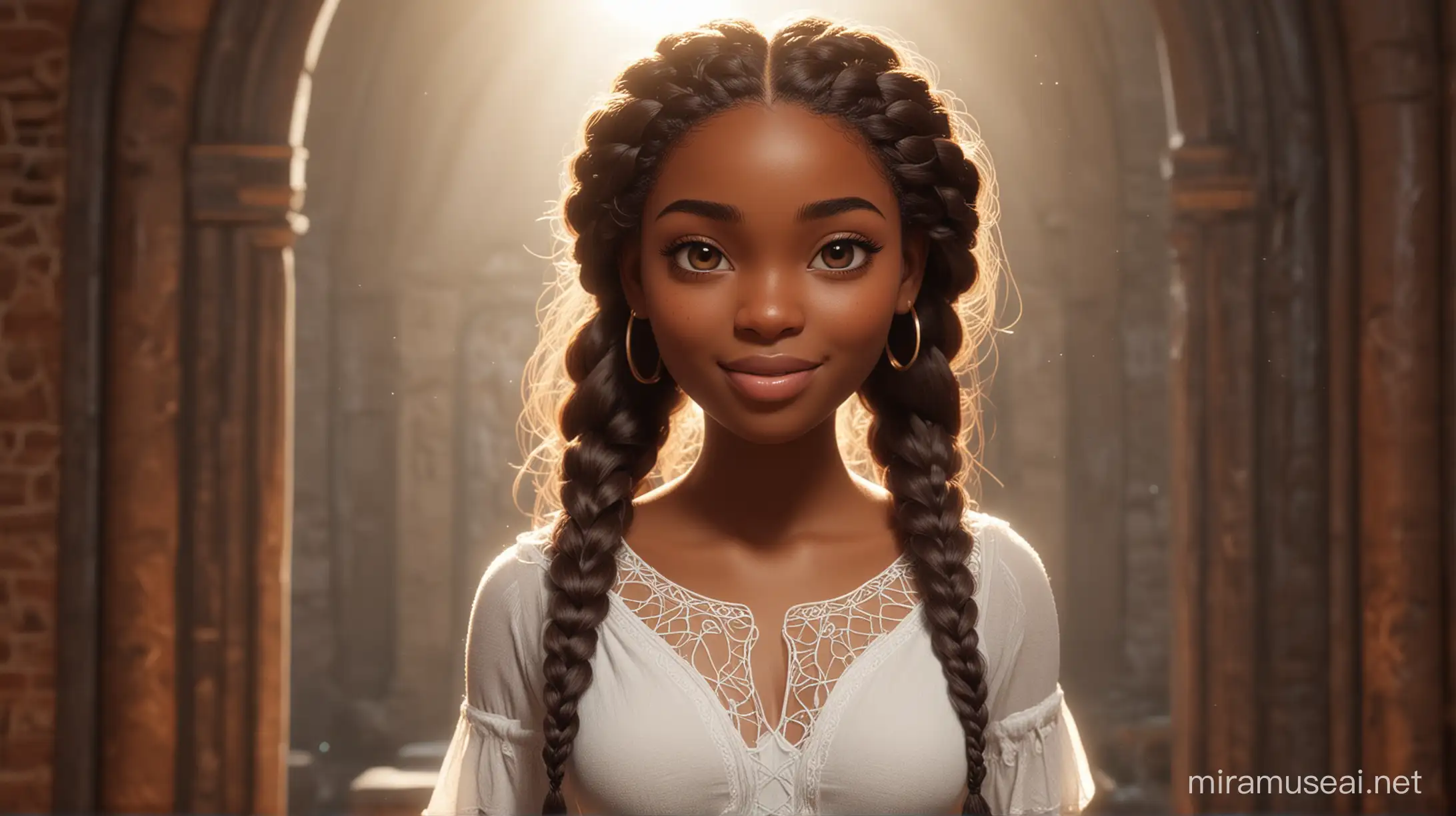 Cartoon personality: [show Ada an African woman with kind eyes and a warm smile. She has long, flowing braids hair and rich, light brown skin that glows in the sunlight.  Her features are beautiful and soft, with high cheekbones, cute pointed nose and full lips.  [Optional: Add details about clothing or background, e.g., She is wearing a flowing white dress. She is standing in front of a mystical portal. The portal emits a soft glow and is surrounded by an aura of magic. Ada is awestruck and whispers, questioning reality.] unreal engine, hyper real --q 2 --v 5.2 --ar 16:9