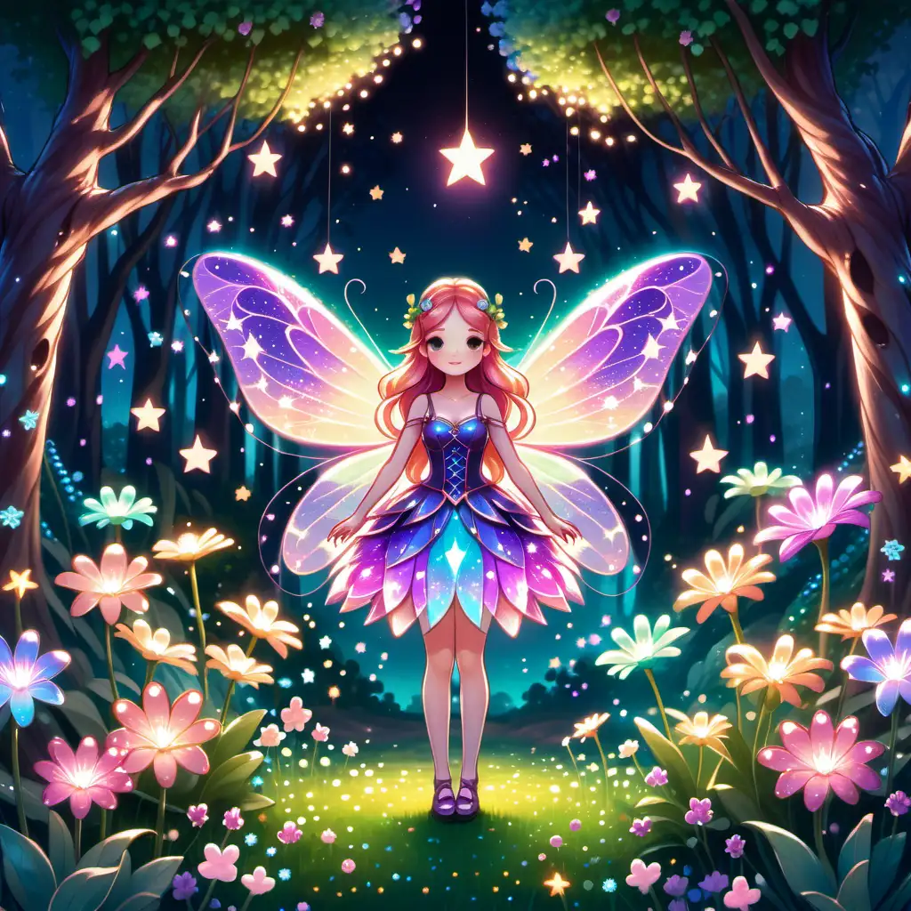 zauberhaften Fee, die vor einem magischen Garten voller leuchtender Sternenblumen steht, illustration, kawaii style