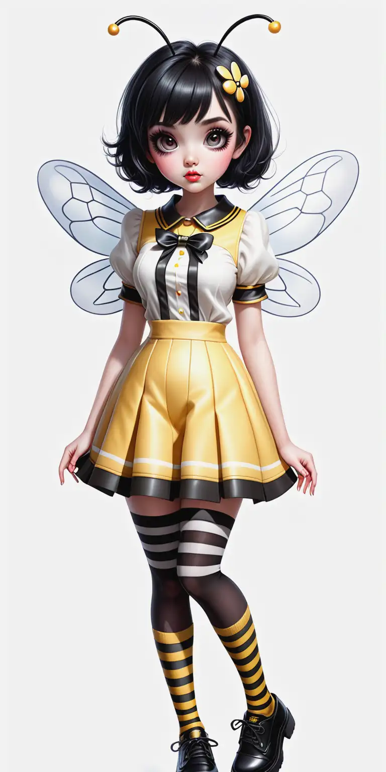 Create an enchanting very trendy style kawaii bee girl. in a beautiful trendy short outfit with short sleeve. Lip gloss. black short hair. Beautiful details factions. Big eyes. Trendy shoes with striped stocking. Complete hands. High quality. HD. White background. Thomas Kinkade style.
