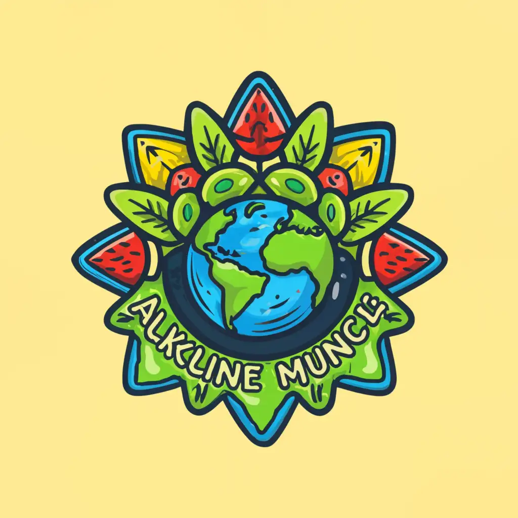 a logo design,with the text "ALKALINE MUNCH", main symbol:mother nature, earth, watermelon, sun, papaya, yellow, green, blue,complex,clear background