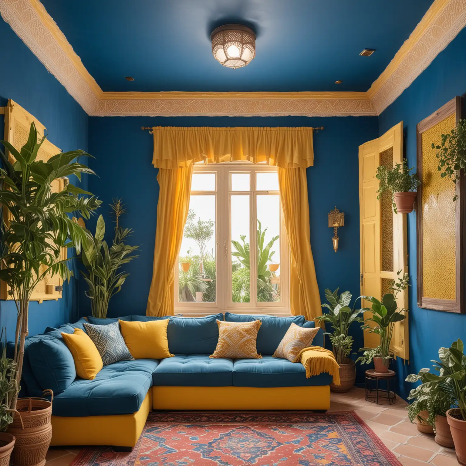 home theater small room, projector screen, one window, cozy, Moroccan inspired, vivid blue painted walls, yellow soundproof panels in wall, cozy small sofa, artificial plants, cute paintings hanging on the walls.