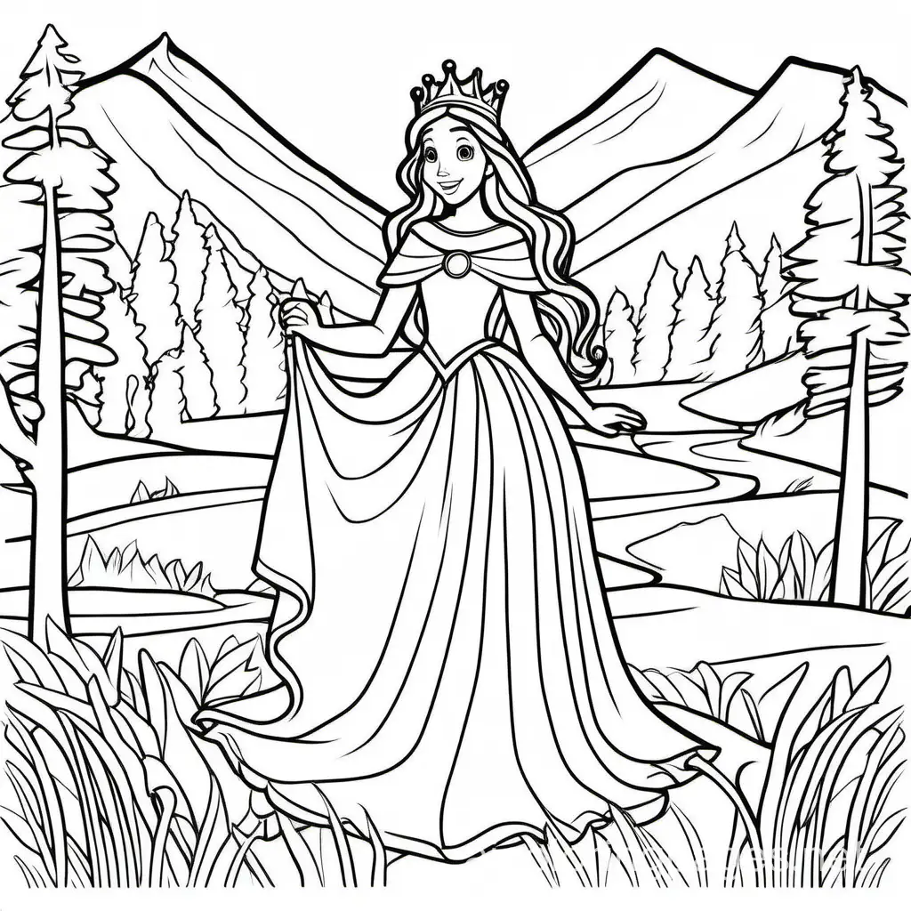 nature-loving princess who explores the wilderness, bold lines, Coloring Page, black and white, line art, white background, Simplicity, Ample White Space. The background of the coloring page is plain white to make it easy for young children to color within the lines. The outlines of all the subjects are easy to distinguish, making it simple for kids to color without too much difficulty