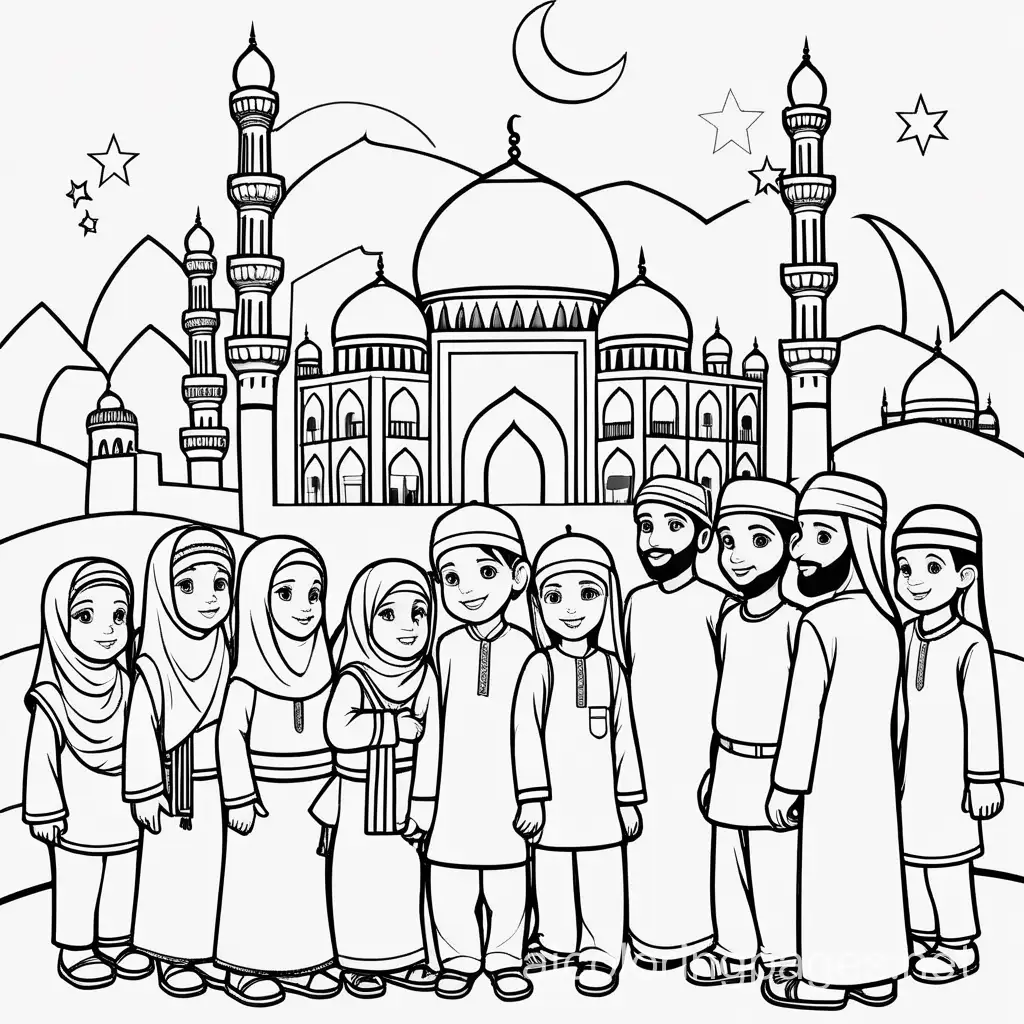 Islamic festivals celebrated around the world, Coloring Page, black and white, line art, white background, Simplicity, Ample White Space. The background of the coloring page is plain white to make it easy for young children to color within the lines. The outlines of all the subjects are easy to distinguish, making it simple for kids to color without too much difficulty