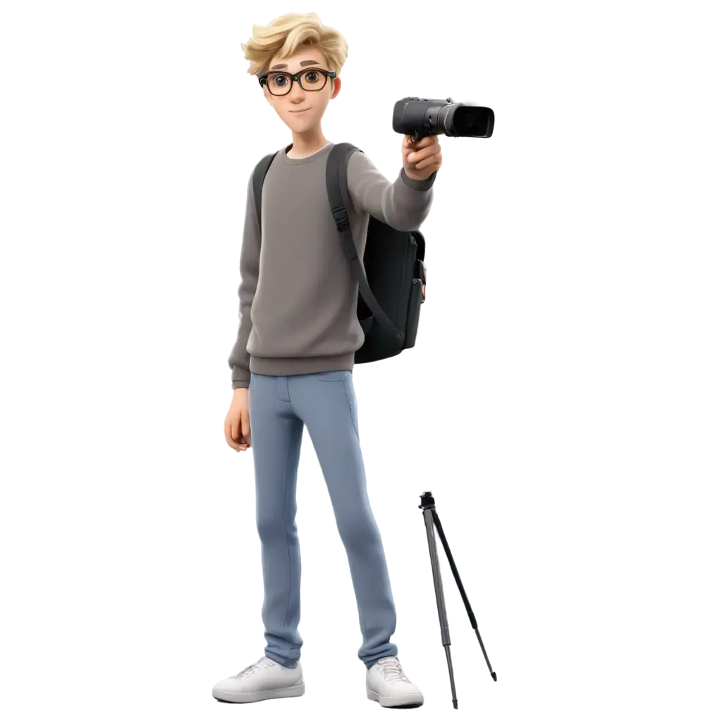 Cartoon-Style-PNG-Image-16YearOld-Blond-Youth-with-Camcorder-in-Gray-Attire