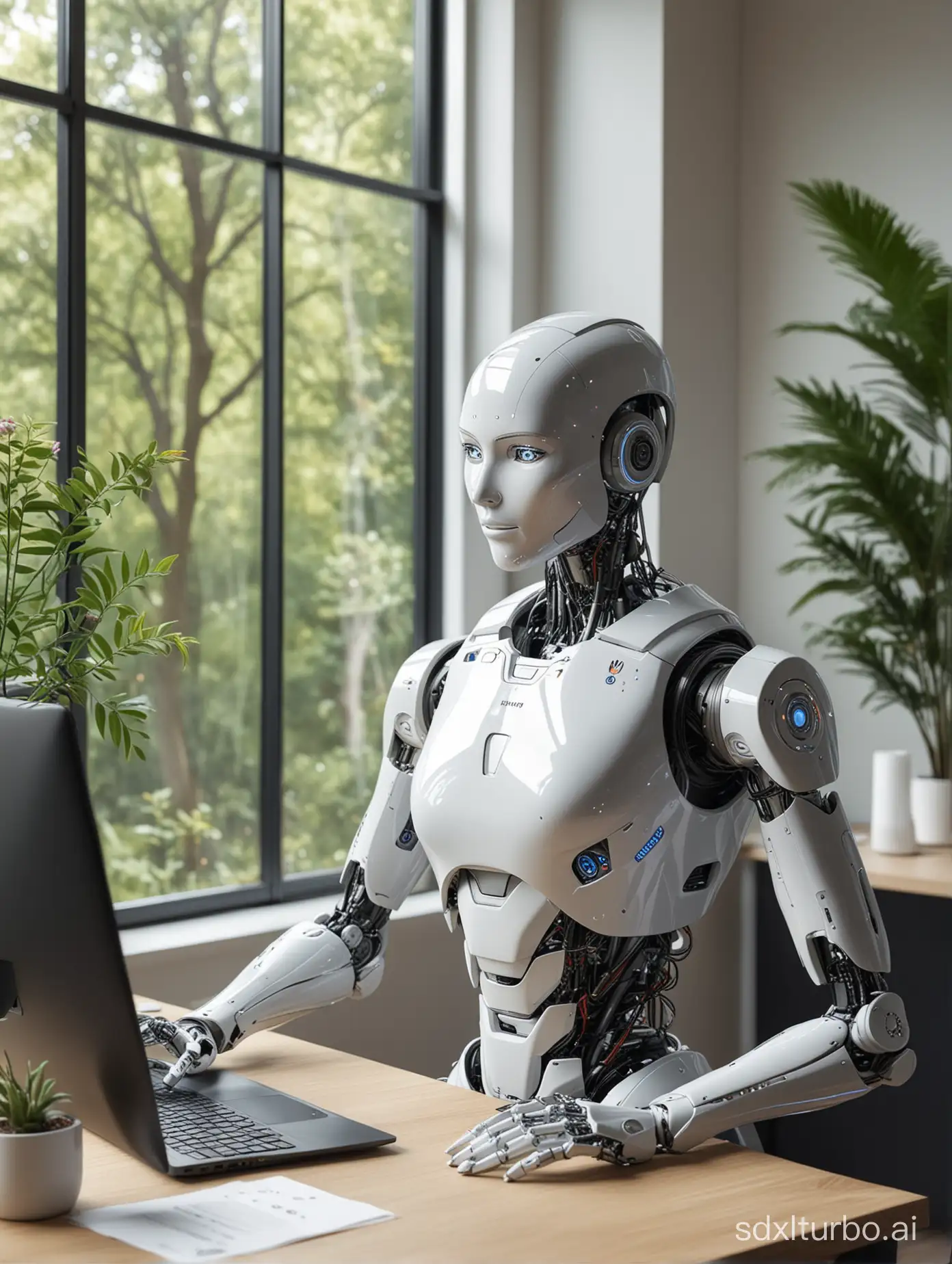 The female robot has a Huawei logo emblazoned on it, is staring intently at the monitor in front of it, side view, which shows a code editor, alongside a laptop and some files. In addition, there is a cup of coffee, a potted plant, and a bouquet of flowers on the desk, elements that add a touch of life to the scene and make the robot's image seem more humanized. In the background, a large window brings plenty of light into the room, and the trees outside the window are faintly visible, adding a touch of nature to the whole scene. The layout of the whole office is simple and modern, full of futuristic feeling, but also reveals a cozy and peaceful atmosphere