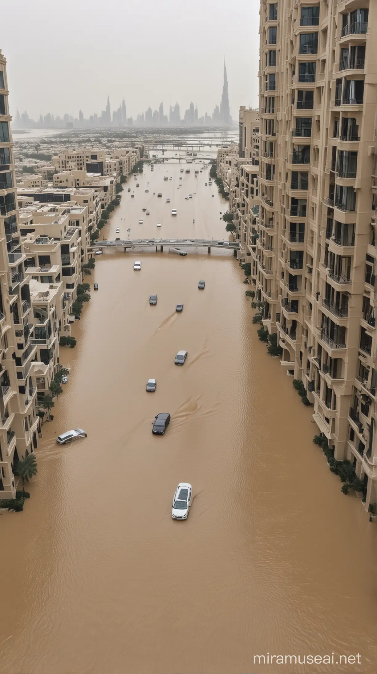 floods in Dubai, rain, luxury buildings, bridges, cars