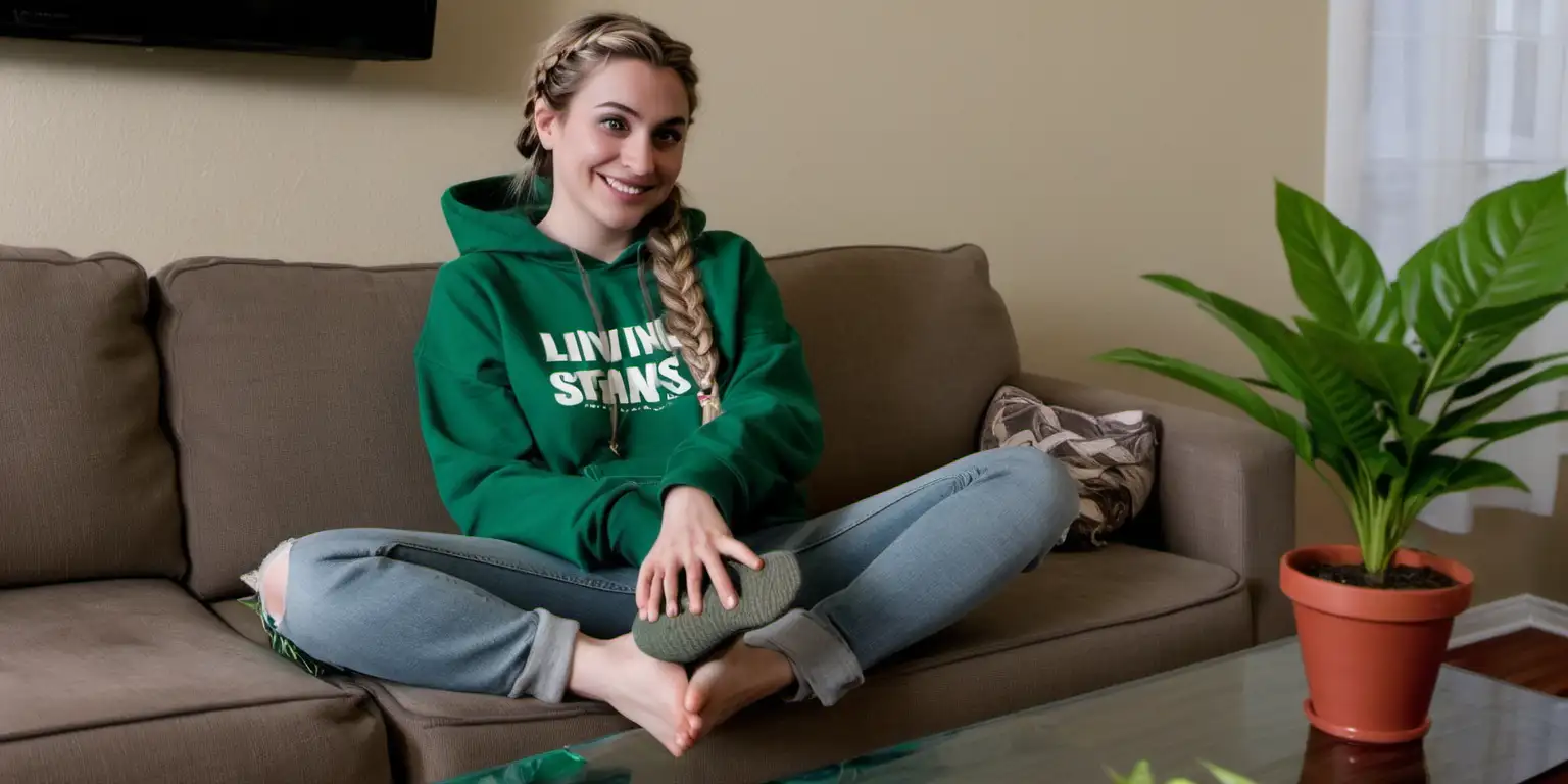 Smiling Woman Relaxing on Couch with Stylish Attire