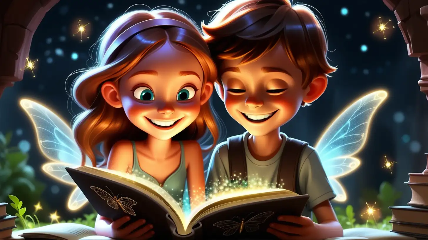 Smiling Girl and happy boy reading a magic book  out of the book fly magic sparkles fairy dust and it is glowing inside