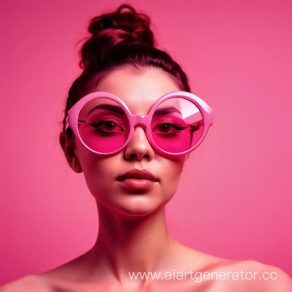 женщина в больших розовых очках, фон кругом розовых оттенков