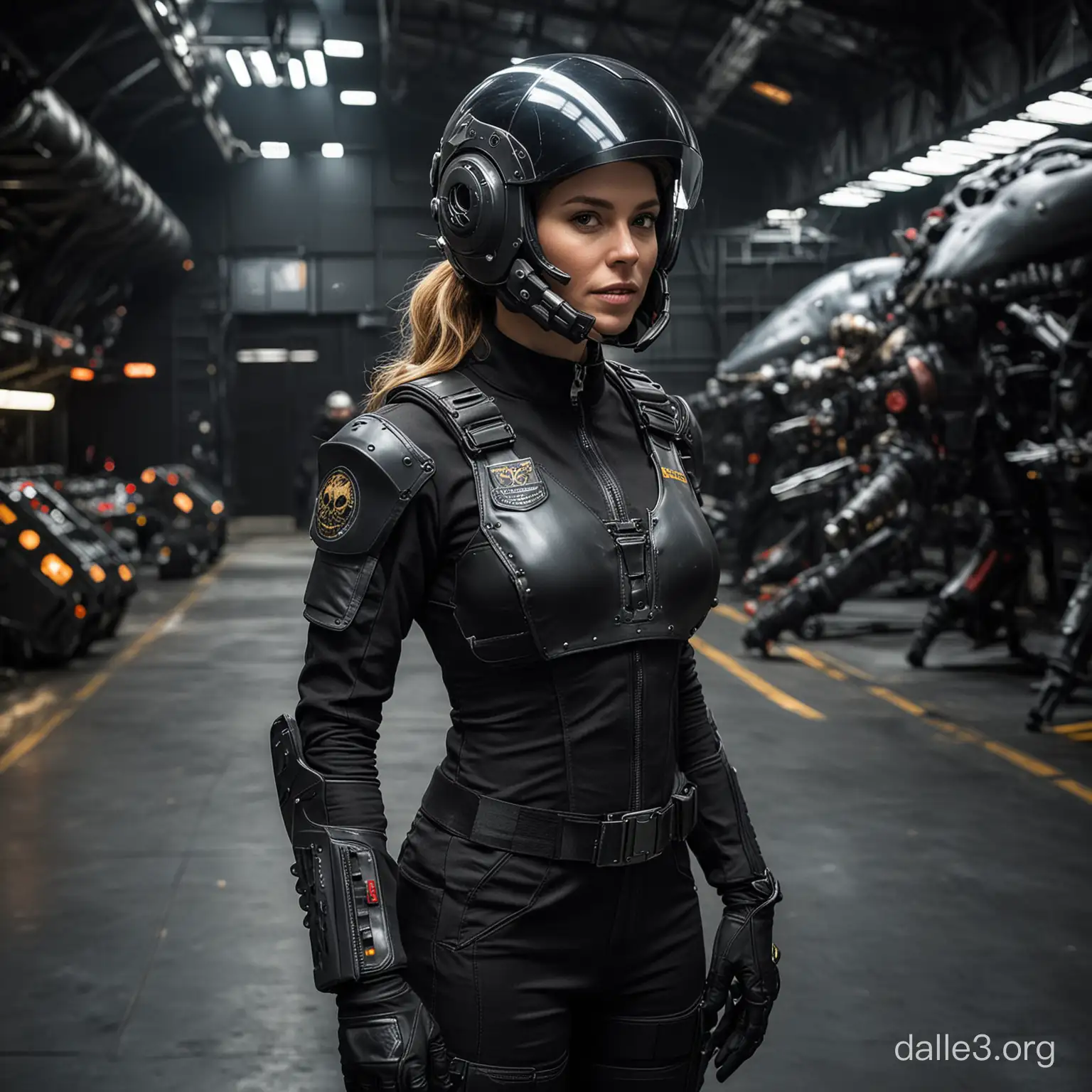 woman, Black tight flight suit open, skull helmet, dark colours, bounty hunter, tactical gear, spacecraft in background