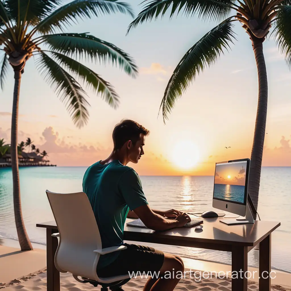 Silhouette-of-Computer-Worker-in-Paradise-Overlooking-Sunset-Sea