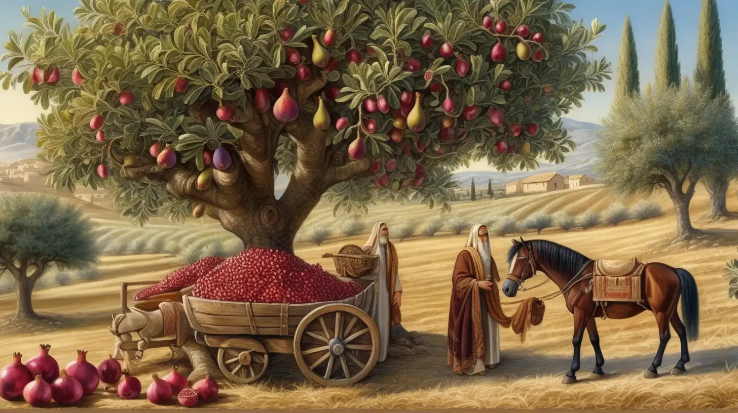 un figuier avec des figues à côté d'un grenadier avec des grenades à côté d'un olivier avec des olives dans un verger ensoleillé. A côté d'une charette remplie de très beaux fruits, tirée par un cheval, à l'époque biblique. Sur le cheval se trouve un hébreu avec une barbe courte de l'époque biblique.