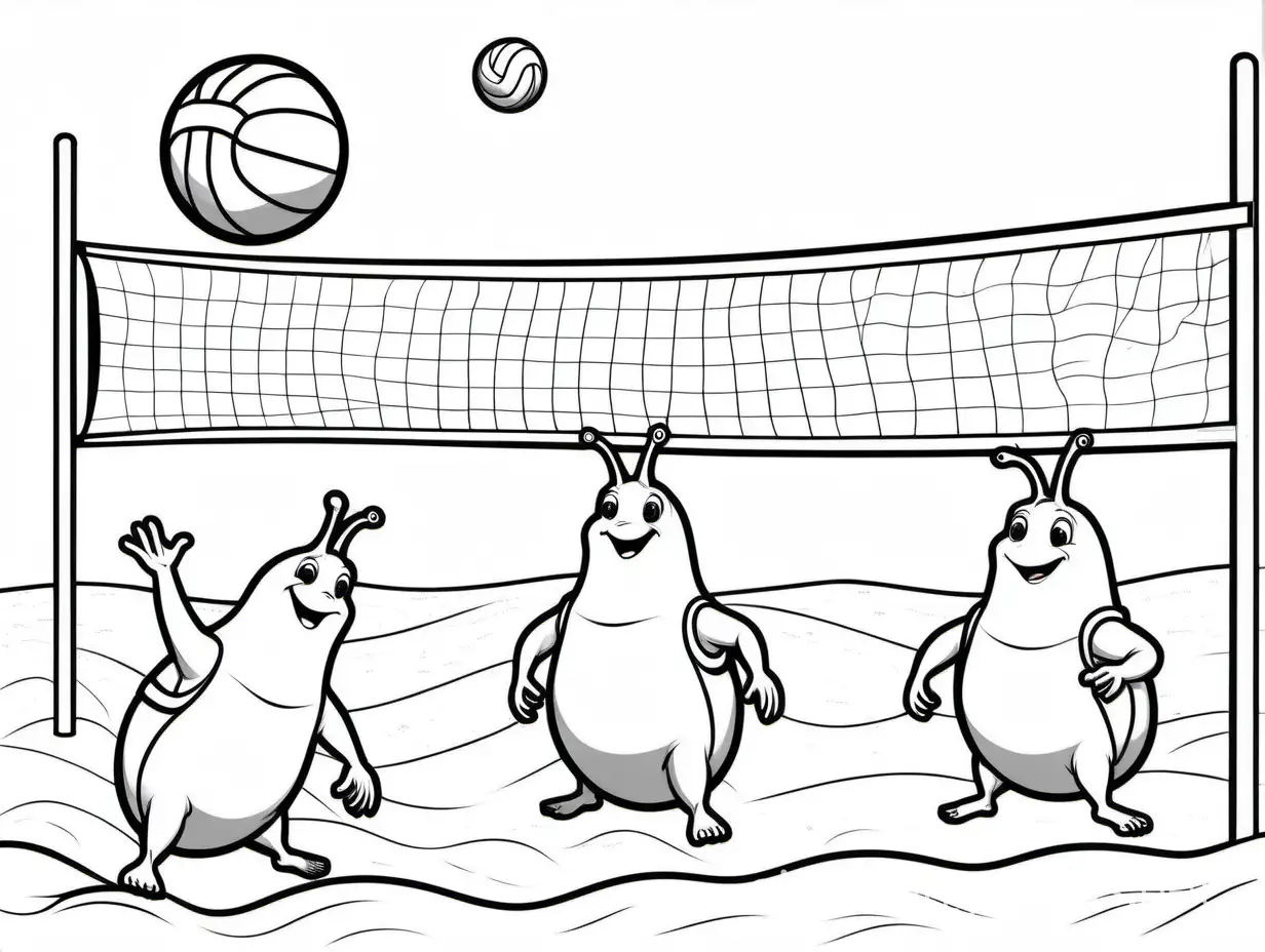 banana slugs playing beach volleyball , Coloring Page, black and white, line art, white background, Simplicity, Ample White Space. The background of the coloring page is plain white to make it easy for young children to color within the lines. The outlines of all the subjects are easy to distinguish, making it simple for kids to color without too much difficulty