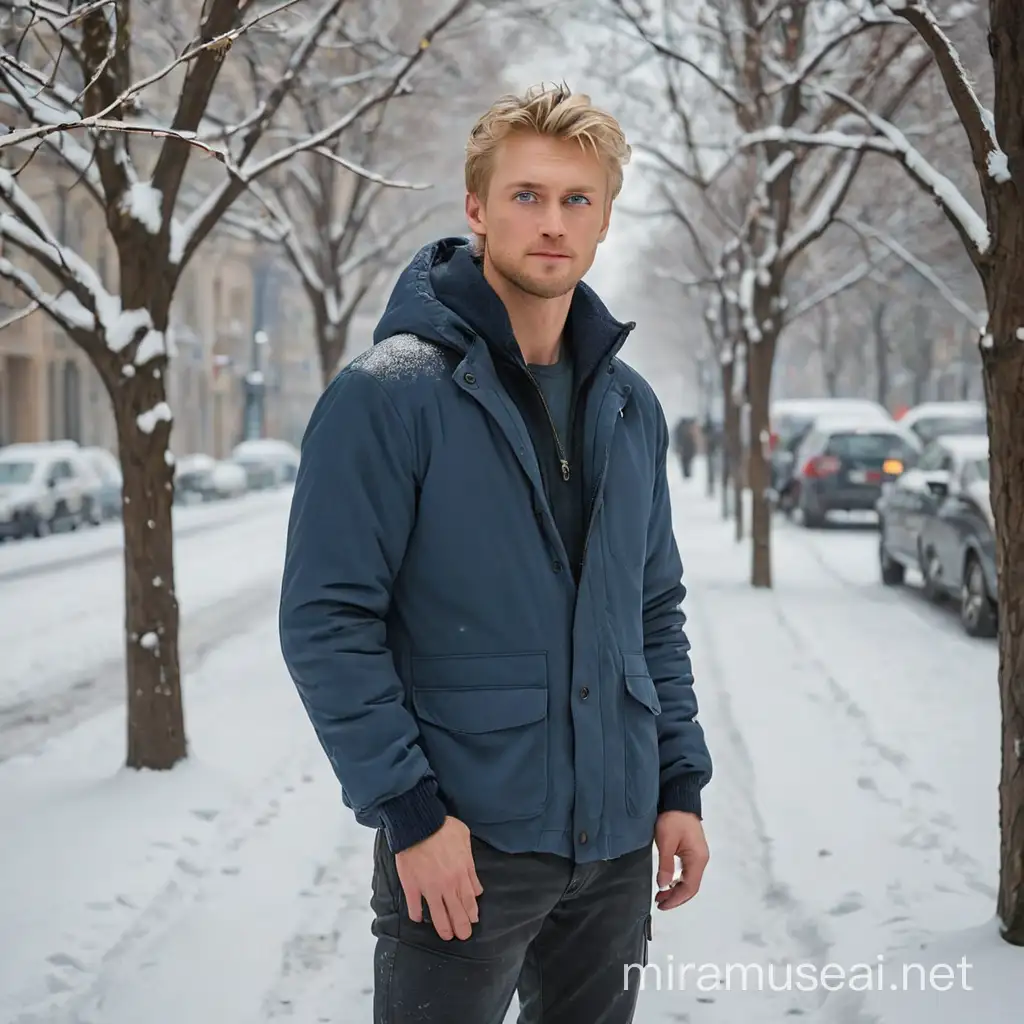 Blond Man in Winter Moscow Street Scene with SnowCovered Trees
