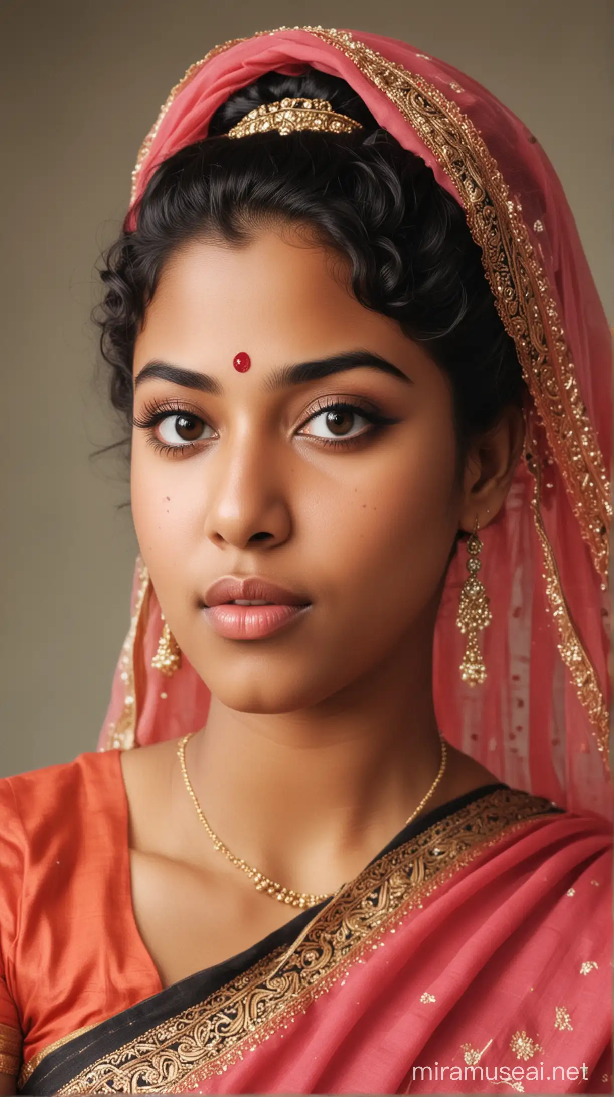 A 17 year old black fat woman with small eyes, small nose, wide lips, weak chin and long curly black hair with a bun at back wearing a saree with a veil on head
