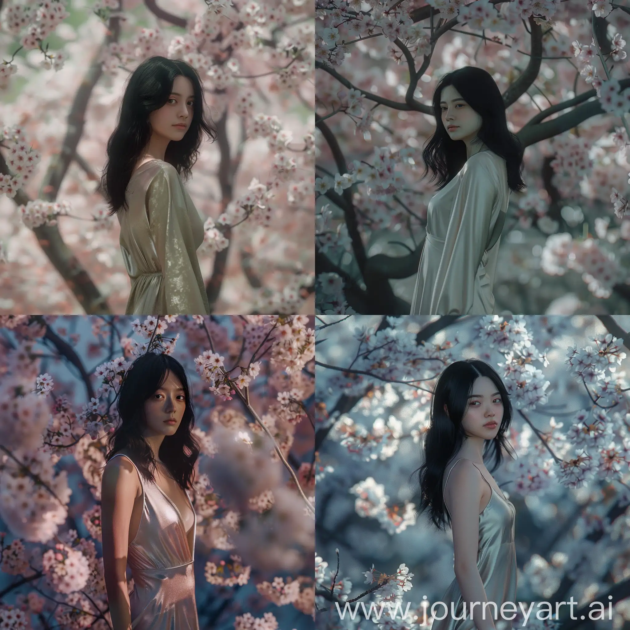 Ethereal-Beauty-Amidst-Cherry-Blossoms-30YearOld-Woman-in-Silk-Summer-Dress