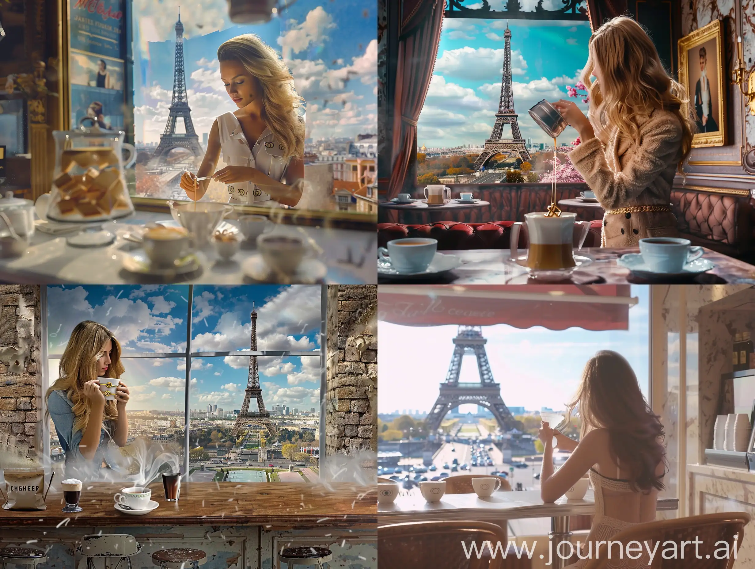 video of a woman wearing chanel stirring her coffee in a parisian coffee shop looking through the view of eiffel tower, ar 1080 pixels wide x 1920 pixels tall