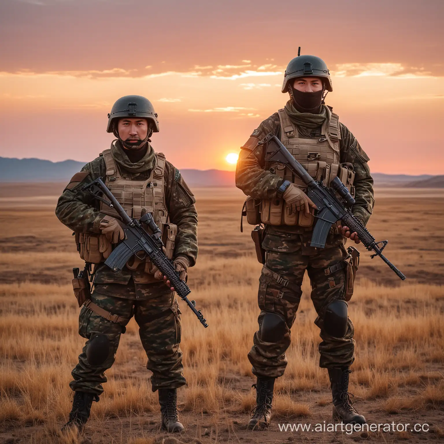 казахстанский спецназ в каске и с автоматом на фоне степи, красивый закат
