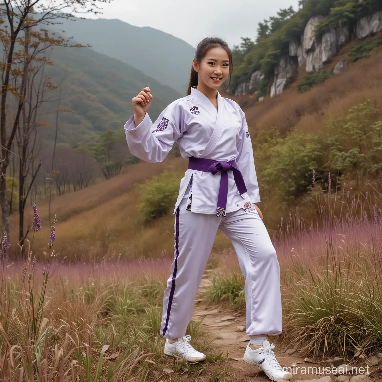 Smiling Female Taekwondo Warriors with Longhandled Axes in Dense Forest