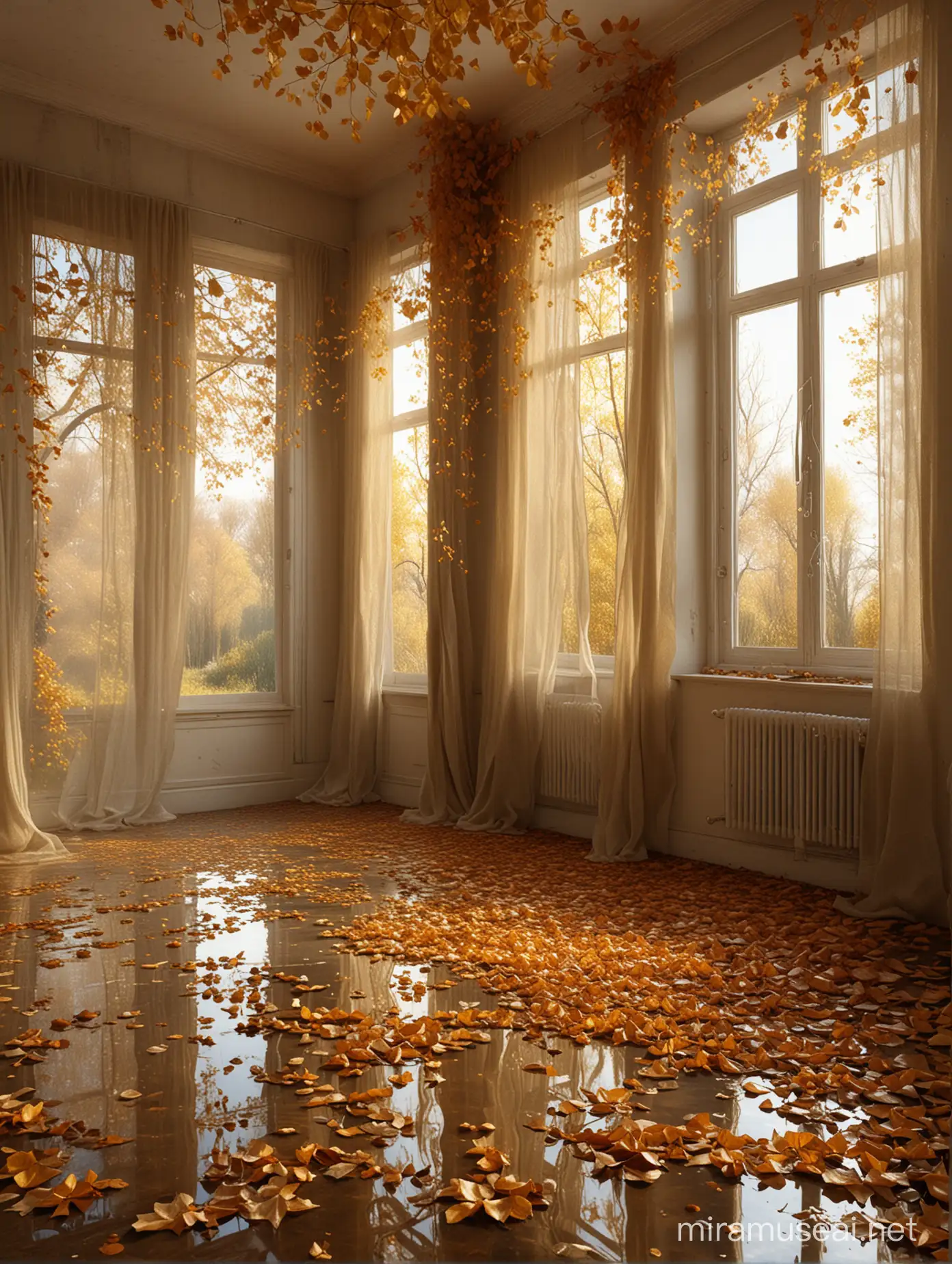 Autumnal Countryside Room with Curtains and Fishing Nets