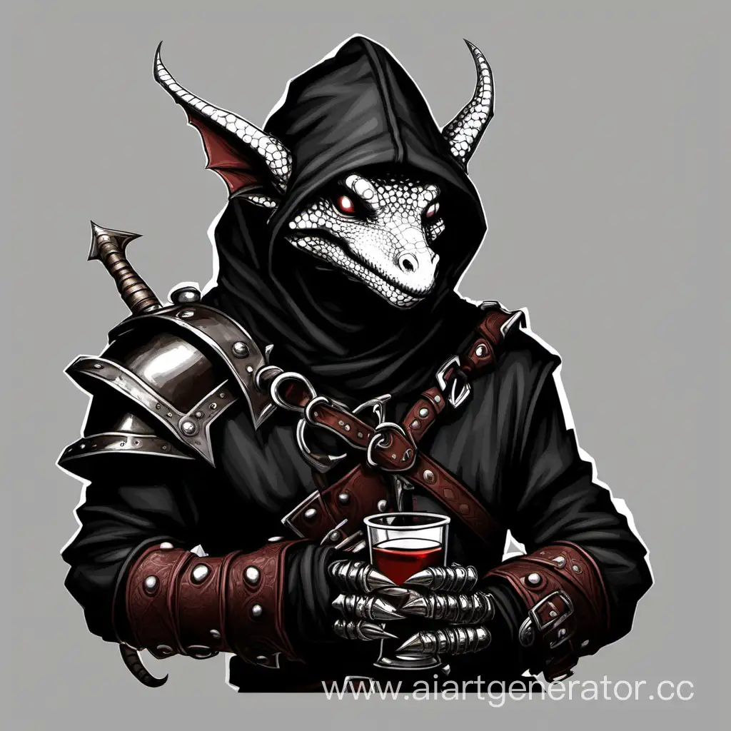 kobold, dnd, rouge. thief, charecter, silver scales, artefact, lizard. hood, horns, claws, good, assassin,cute, dagger, black hood, black clothers, leather armor, tavern, drink, dragon, 
