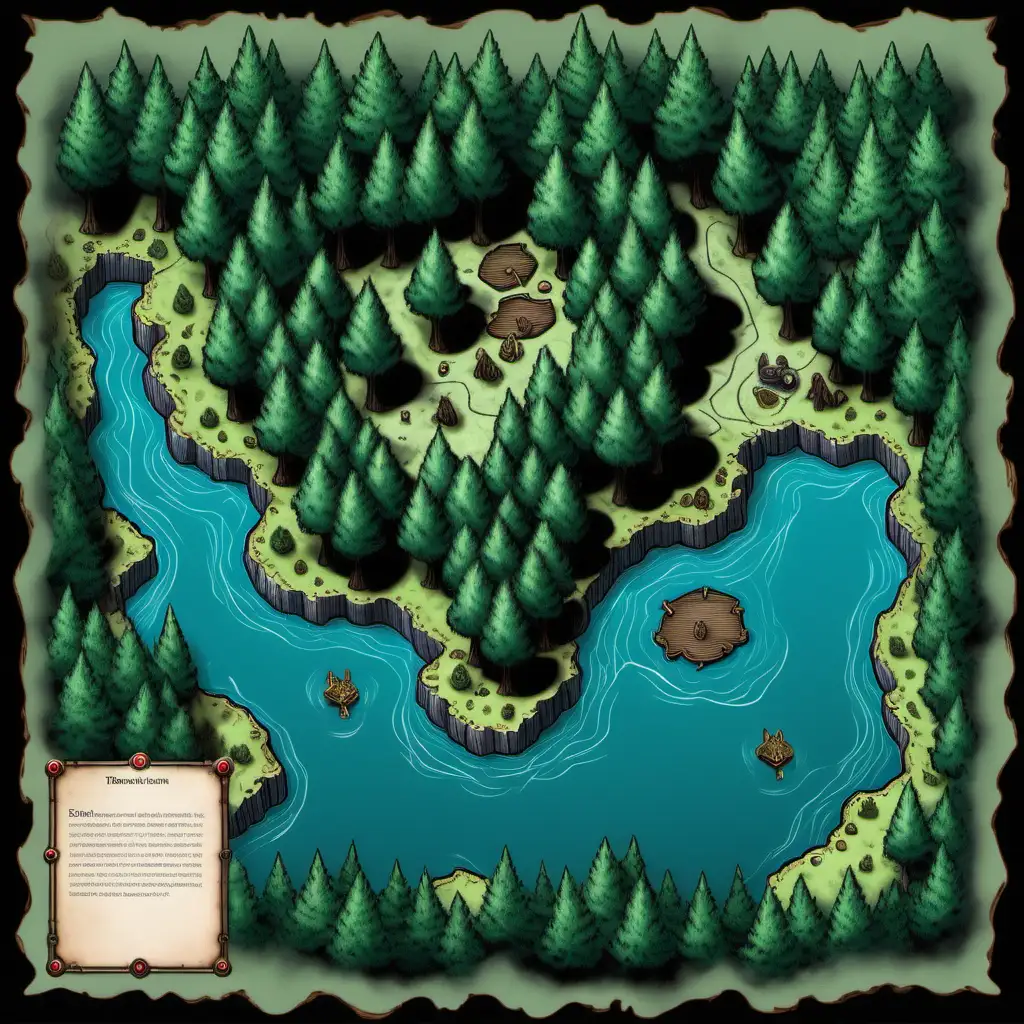 Desenhe um mapa de batalha visto de cima para uma cena de encontro em Dungeons & Dragons 5ª Edição, situada em uma floresta com um grande lago dividindo a região ao meio. Comece desenhando a extensão da floresta ao redor do lago, com árvores altas e densas que cercam a área e proporcionam cobertura para os personagens durante o combate.