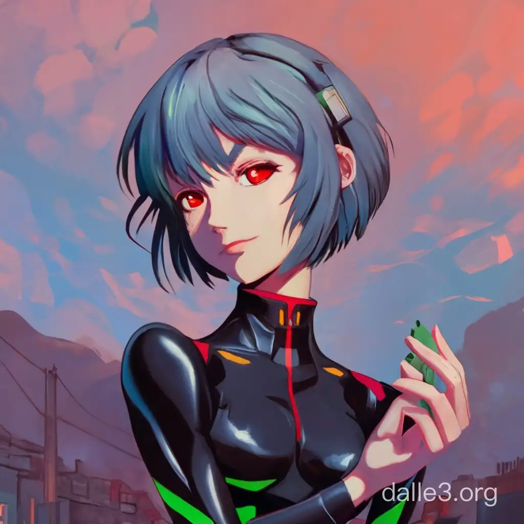 Rei Ayanami with red eyes from Neon Genesis Evangelion in a tight black suit holds a green singularity in his hands