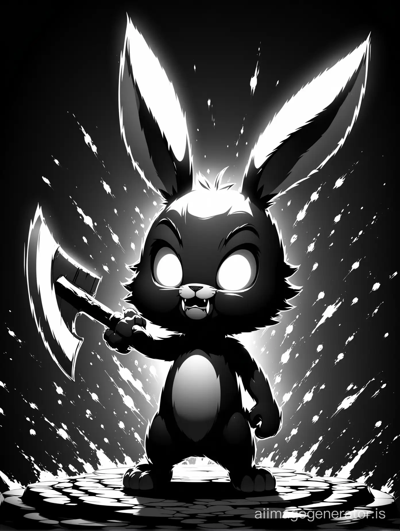 Crazy demonic rabbit, with big ears, monochrome, ax in paw, little tail, blood, 3D, drawing, HD, proportionality, vector, fantasy, anime. Against the background, bright flashes of abstraction, dark colors, bright glow.