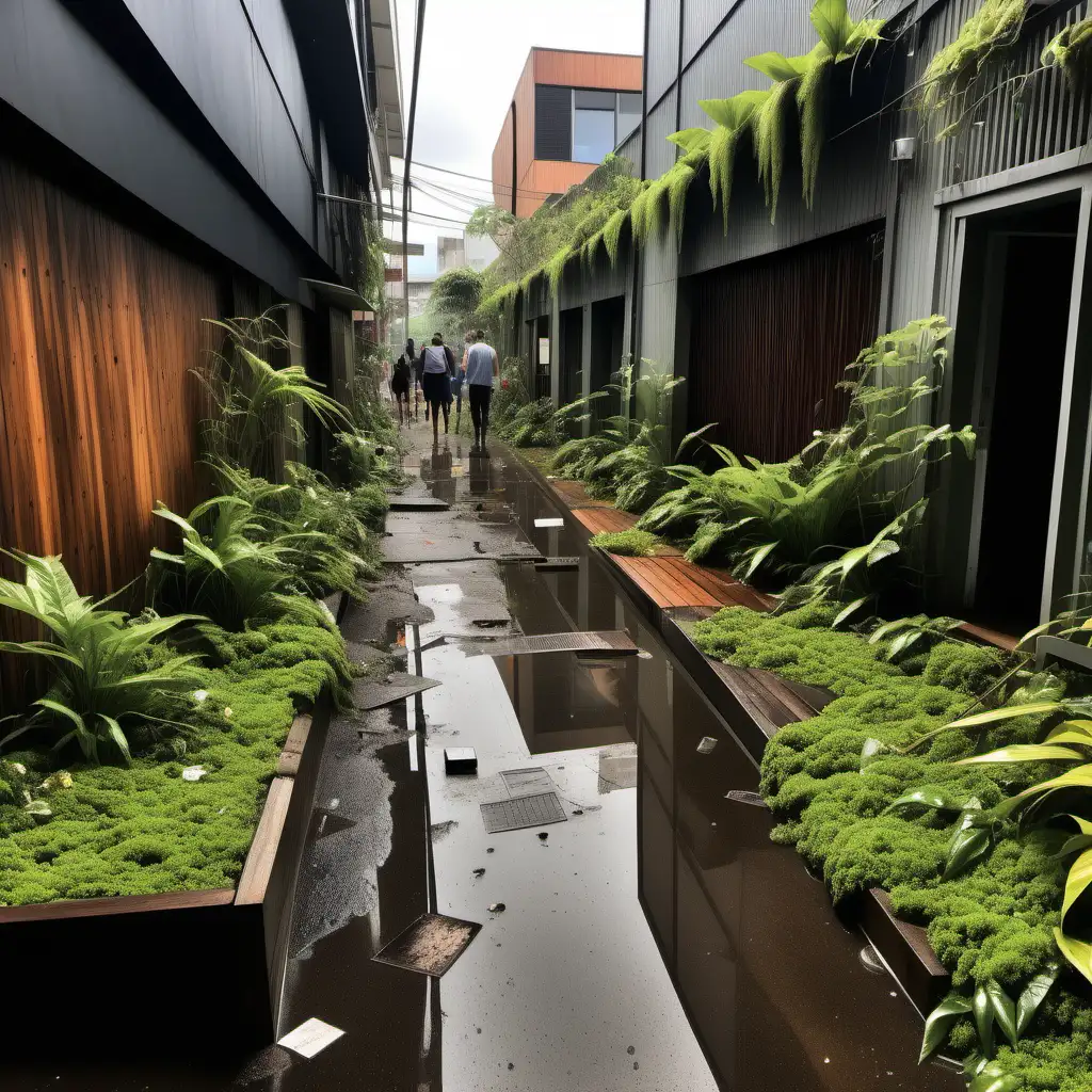 Morning. Heavy Rain. Tropical planting. Urban laneway. Slightly decrepit. Rubbish on the ground. crowd of people drinking beer. Building is post modern. Timber cladding. Children playing. Vines growing on building. Small flowers. Moss on ground
