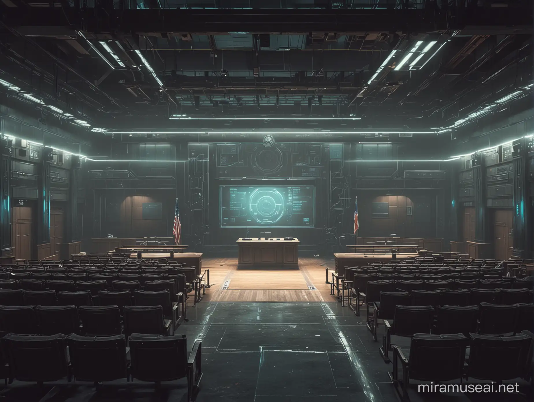 an empty cyberpunk courtroom