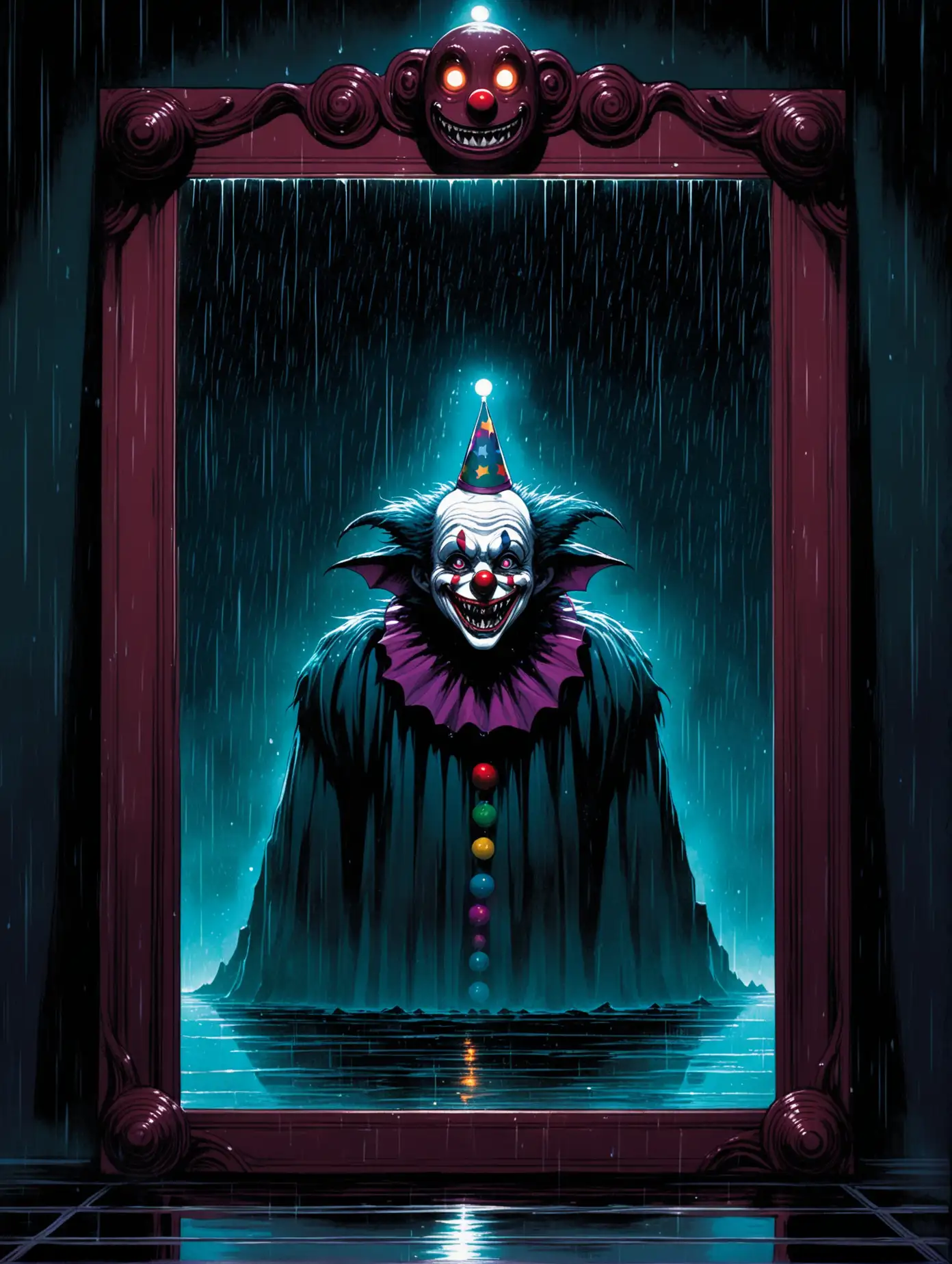 80s dark fantasy,  a lone eldritch beast with eyes able to start civilization and watch mountains crumble sits in the void looking through  a mirror in the darkness that shows only rain,  celebrating a birthday with a out of place happy clown