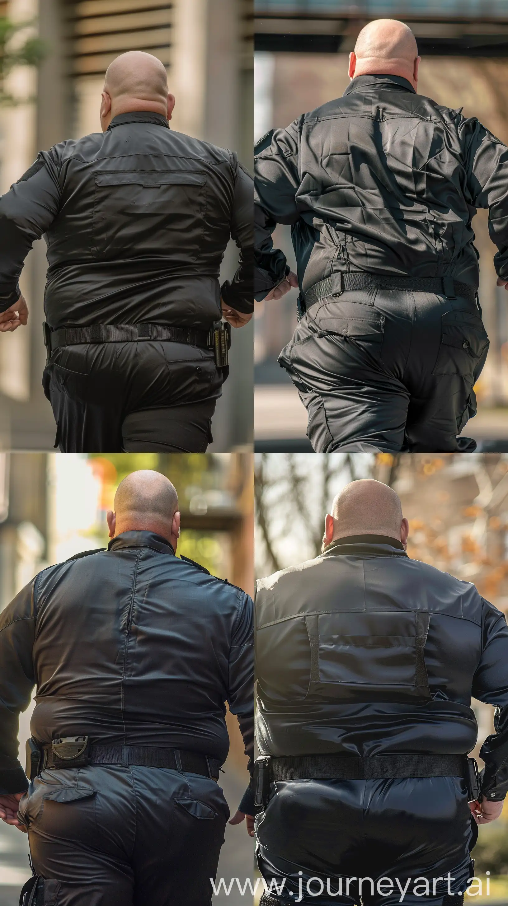 Close-up full body back view photo of a fat man aged 60 wearing a silk black security guard skinny-fitted full coverall. Thick black tactical belt. Running.  Outside. Bald. Clean Shaven. Natural light. --style raw --ar 9:16