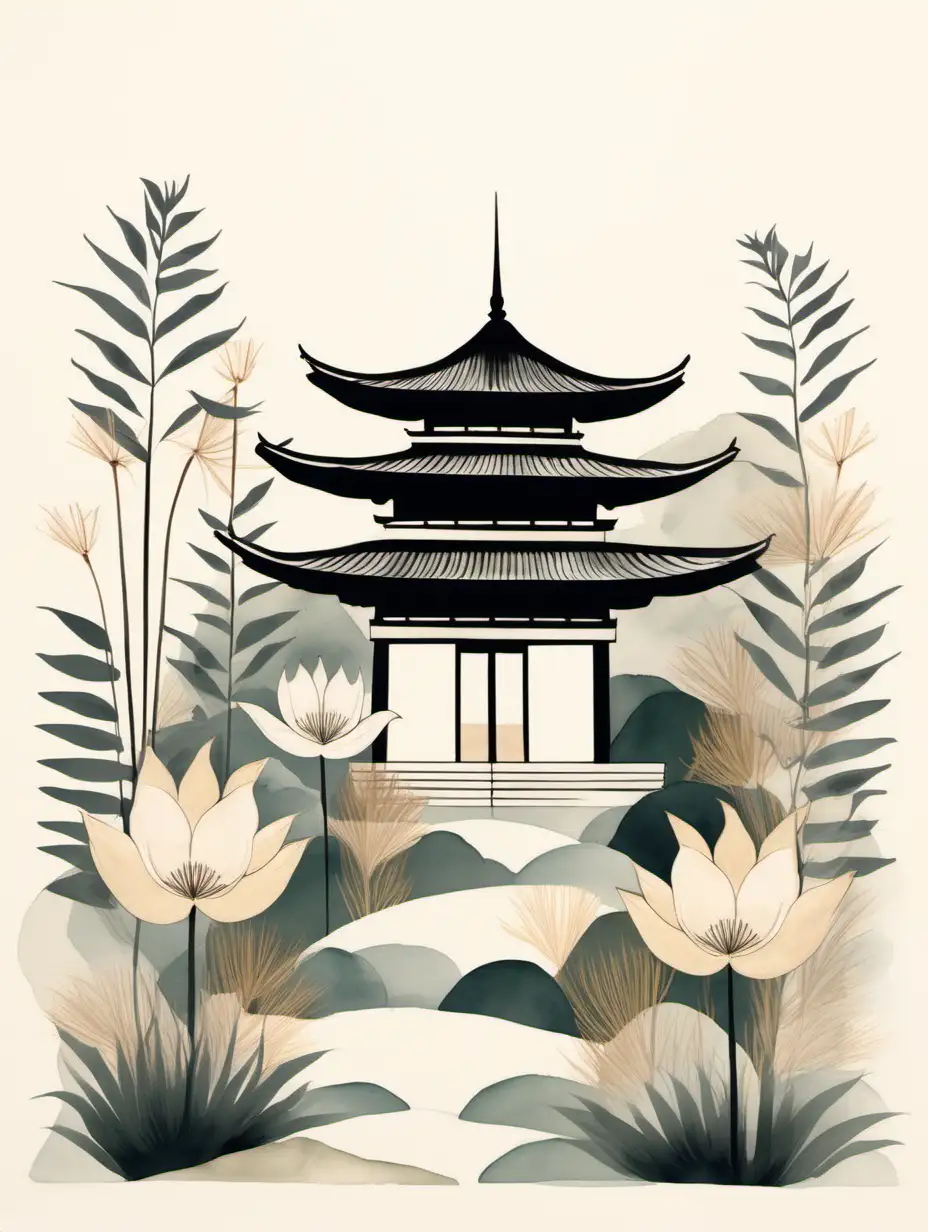 Minimalist Japandi art piece, embodying a harmonious blend of Japanese and Scandinavian
aesthetics featuring Thailand, Bhuddism Temple, sun,
surrounded by various plant motifs including wildflowers. Visible brush strokes,
neutral shapes on white background. Emphasize thick, deliberate lines for a minimalistic and clean look.
Incorporate muted tones in a watercolor style, with a composition of stripes and shapes.
The artwork should demonstrate juxtaposed elements, showcasing a clever use of negative space to
create balance and serenity. The overall feel should be calming and refined, capturing the essence
of both Japanese simplicity and Scandinavian functionality in a gallery art setting.