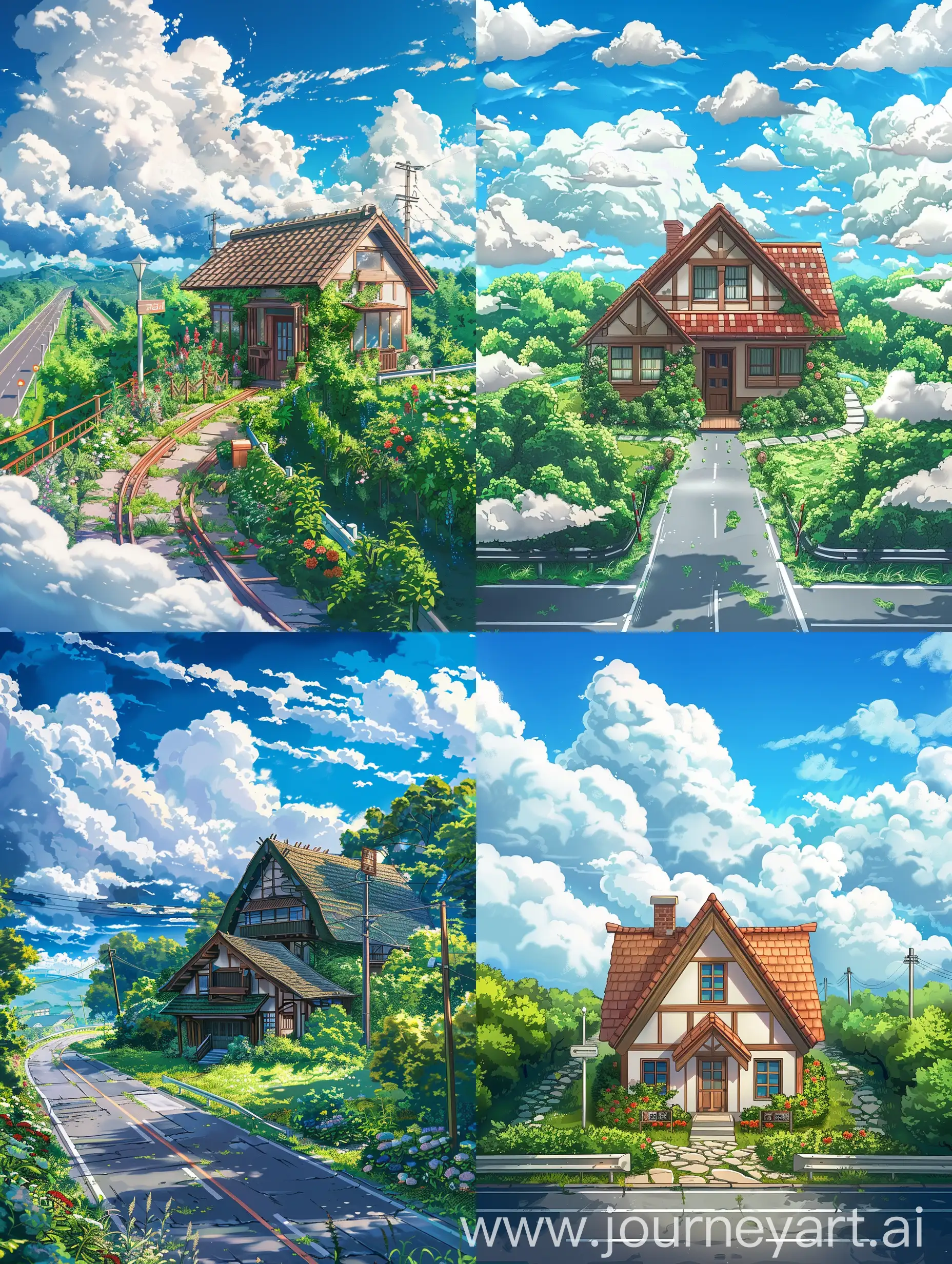 An anime cottage situated in the middle of green garden and highway with white clouds 