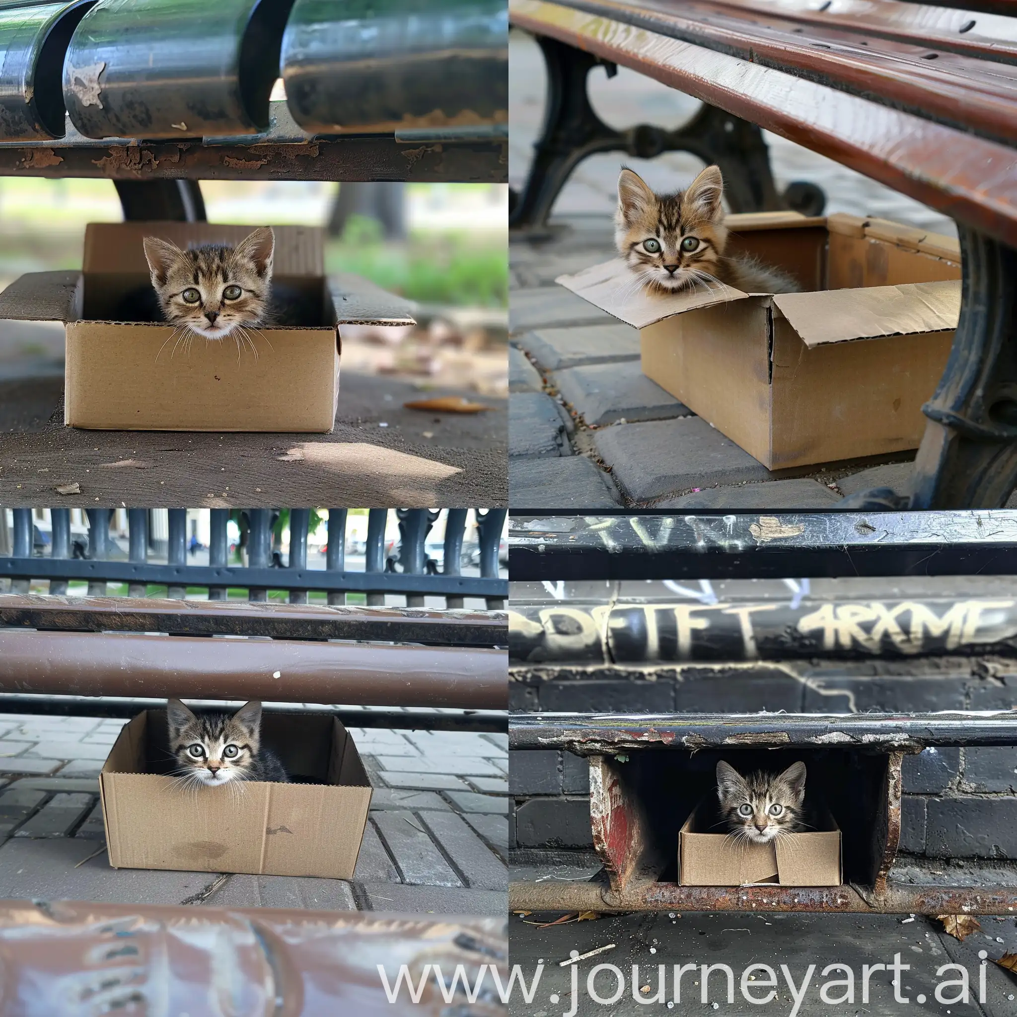 (style: 4k). kitten in a box under the bench