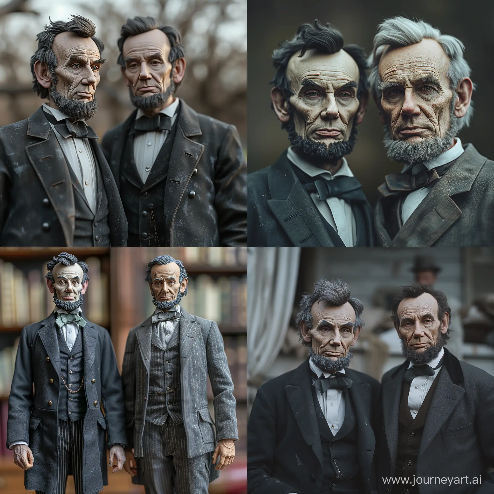 A full body realistic  Abraham Lincoln and  joe biden  . with blur in the background, accuracy, focus, and very details skin, --stylize 750 --v 6