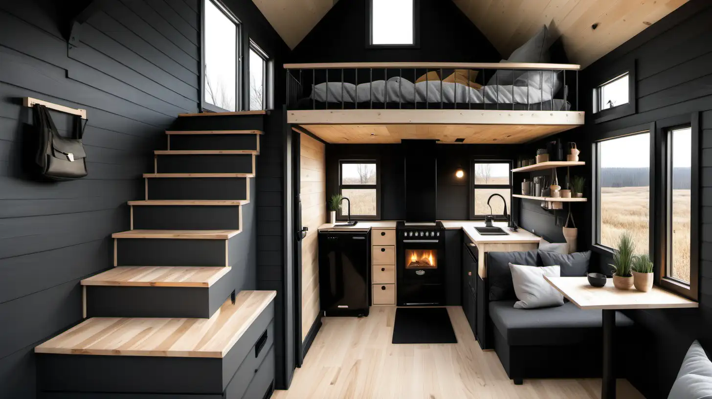 design an interior of tiny house, display the living room section with a small stove, a stair that leads to a loft with a bed, a couch in dark grey and some accessories, the style its nordic with wood as well as black accents
