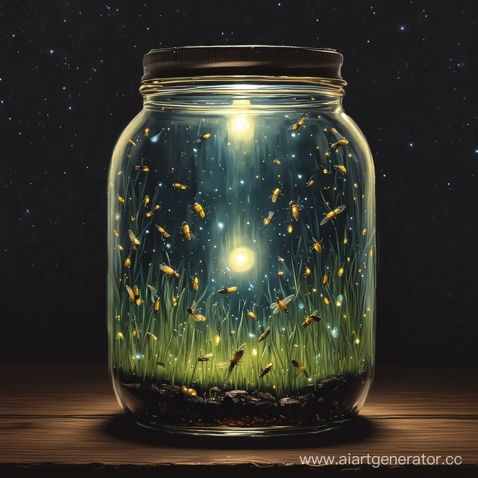 Glowing-Fireflies-Enclosed-in-a-Glass-Jar-on-a-Moonlit-Night