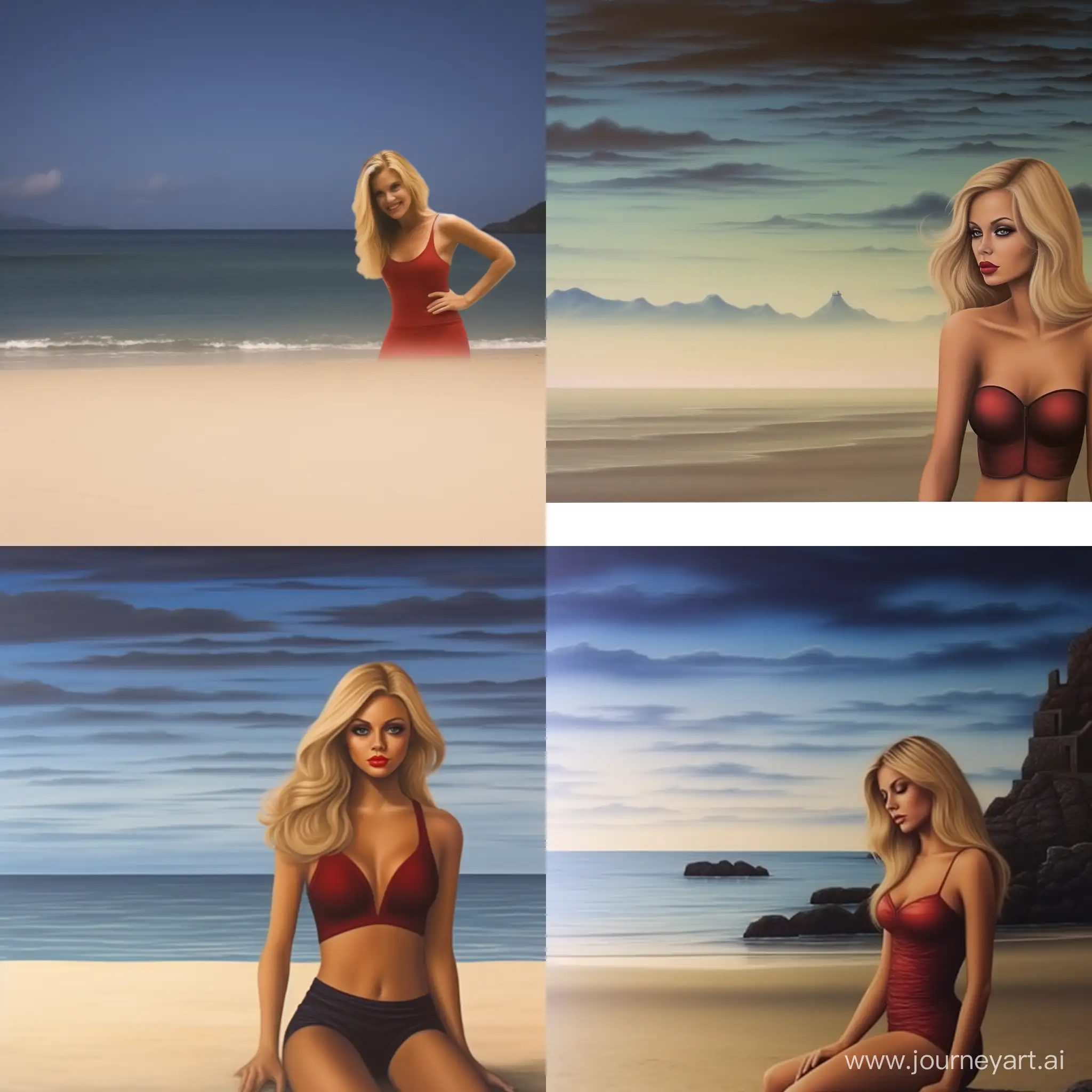 Beautiful blonde woman in a red bikini at the beach