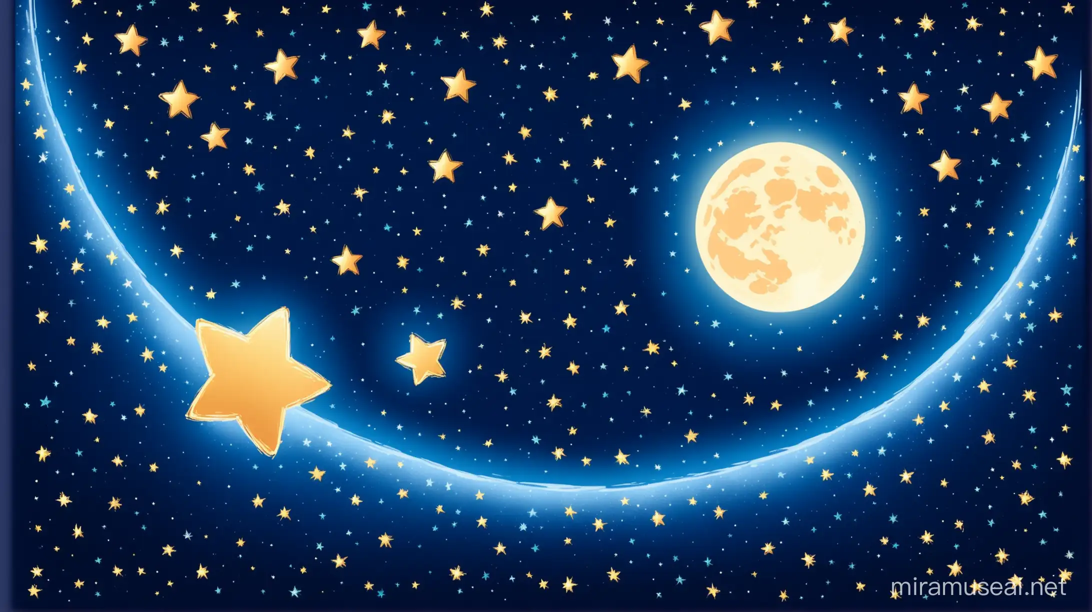 dark blue background, night sky and  little shining stars in background. close up on the five  very big shining stars on the left side of the picture and on the very big moon on the right side. Paint stylized picture. 
